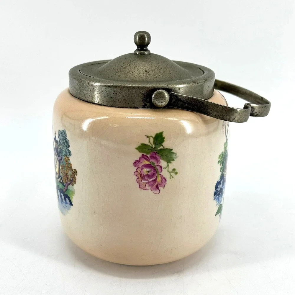 Vintage English Flosmaron Chinoiserie Ceramic Biscuit Barrel Pagoda Jar Lidded